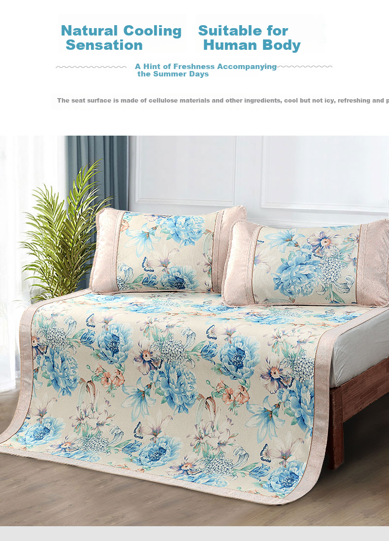FUANNA Ice Silk Cooling Mat with Printed Pattern, Soft Fitted Sheet Set for Double Bed, Three Pieces, Blue, 1.8*2 Meters [Washable] 4