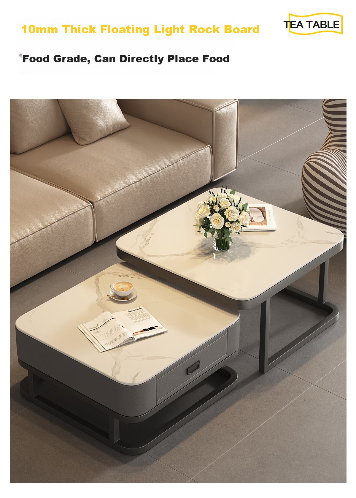 Qianxihuafu Coffee Table, Living Room Side Table for Small Apartments, High-End Light Luxury, 2026 Square Rock Slab Coffee Table, White And Gray Glass Top 11