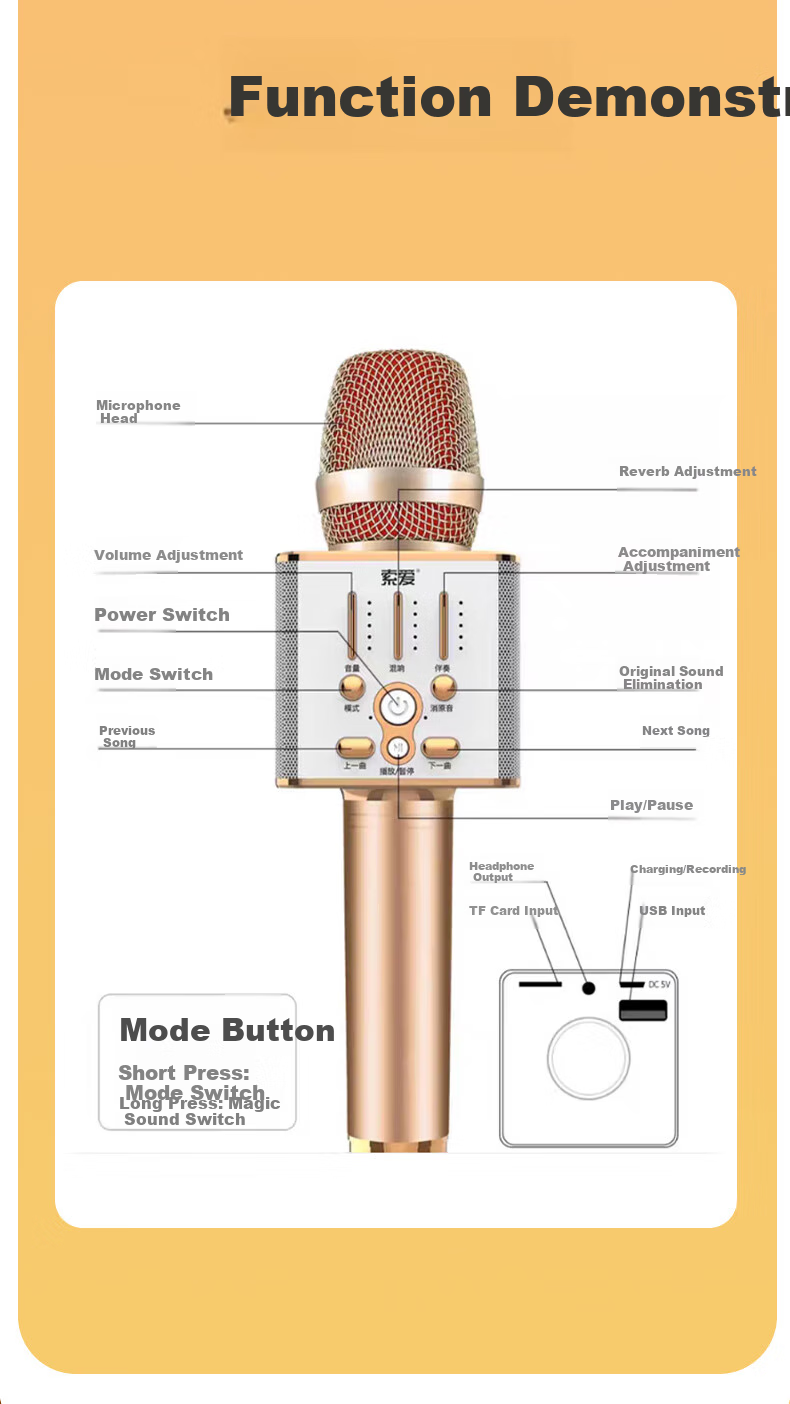 Soaiy MC20 Bluetooth Wireless Microphone, All-In Microphone for Speaker And Amplifier, Mobile Phone Live Streaming Recording Conference Microphone Karaoke Accessory, Champagne Gold 16