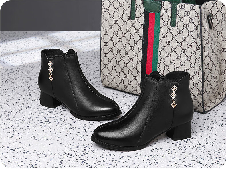FUGUINIAO Genuine Leather Cowhide Women's Ankle Boots Autumn Winter Fleece Lined Warm Pointed Toe Chunky Heel Fashion Boots Black Size 35 3