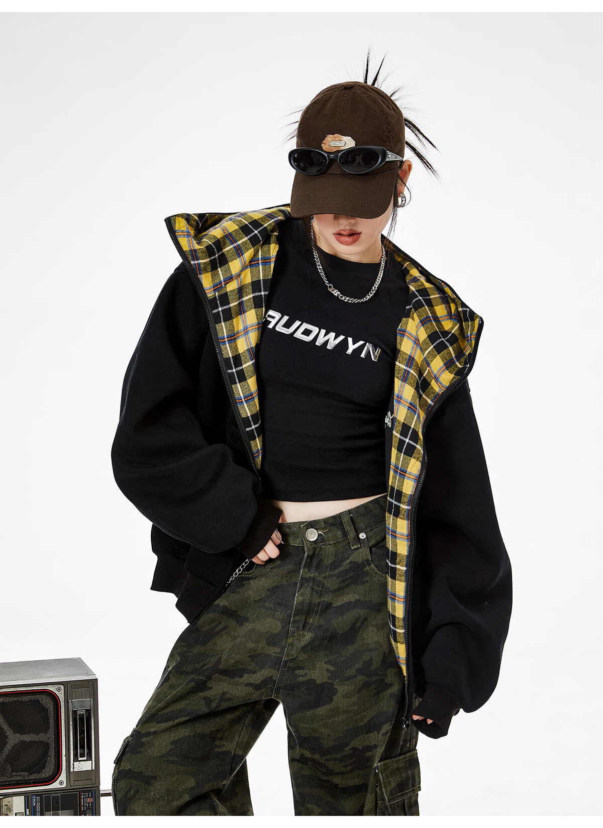 ICH MODE Celebrity Style American Plaid Patchwork Cardigan Sweatshirt Autumn Jacket Sports Cardigan Top Women Heather Gray XL 50