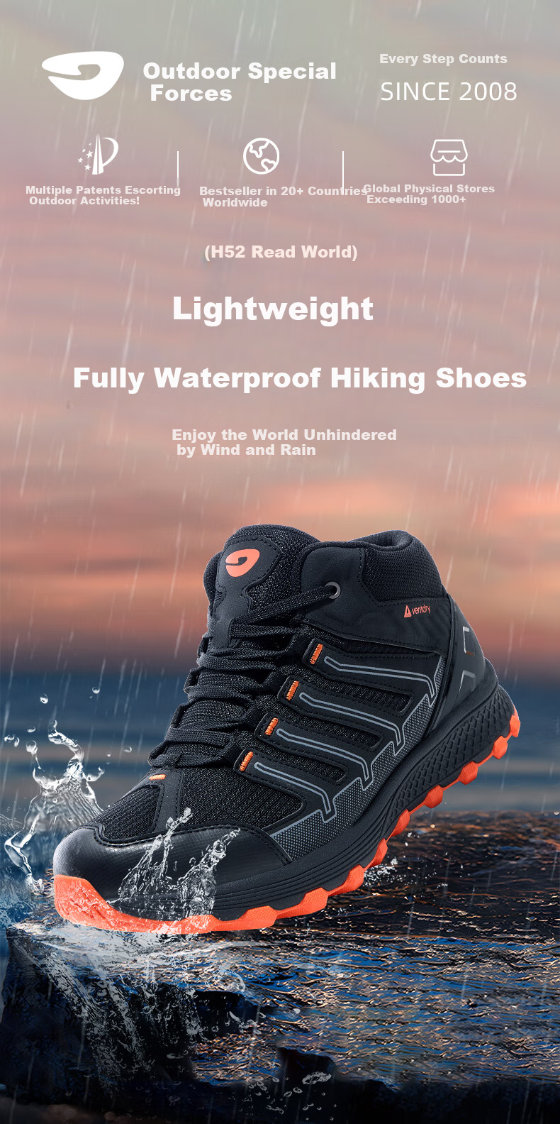 Huwaitegong Hiking Shoes, Fully Waterproof And Non-Slip, Lightweight Outdoor Sports Travel Mid-High Top Mountaineering Shoes H52, Black Orange Color, Size 36 1