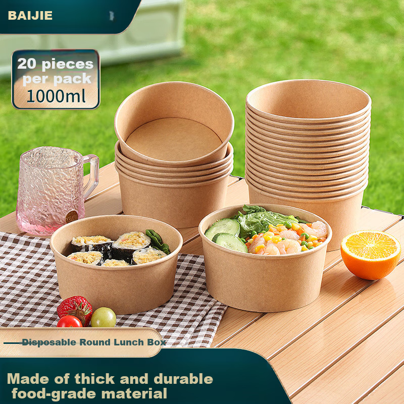 BJ Eco-Friendly Disposable Food Containers, Round, 1000ml*20 Sets, Thickened, for Takeout, Camping, Packaging, Soup Bowls