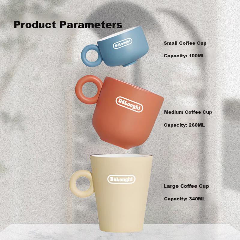Delonghi Coffee Machine, Ceramic Mug, Stylish Colorful Italian-Style Coffee Cup Gift Box for Men And Women, Three-Piece Set (100ML + 260ML + 340ML), Accessory Gift