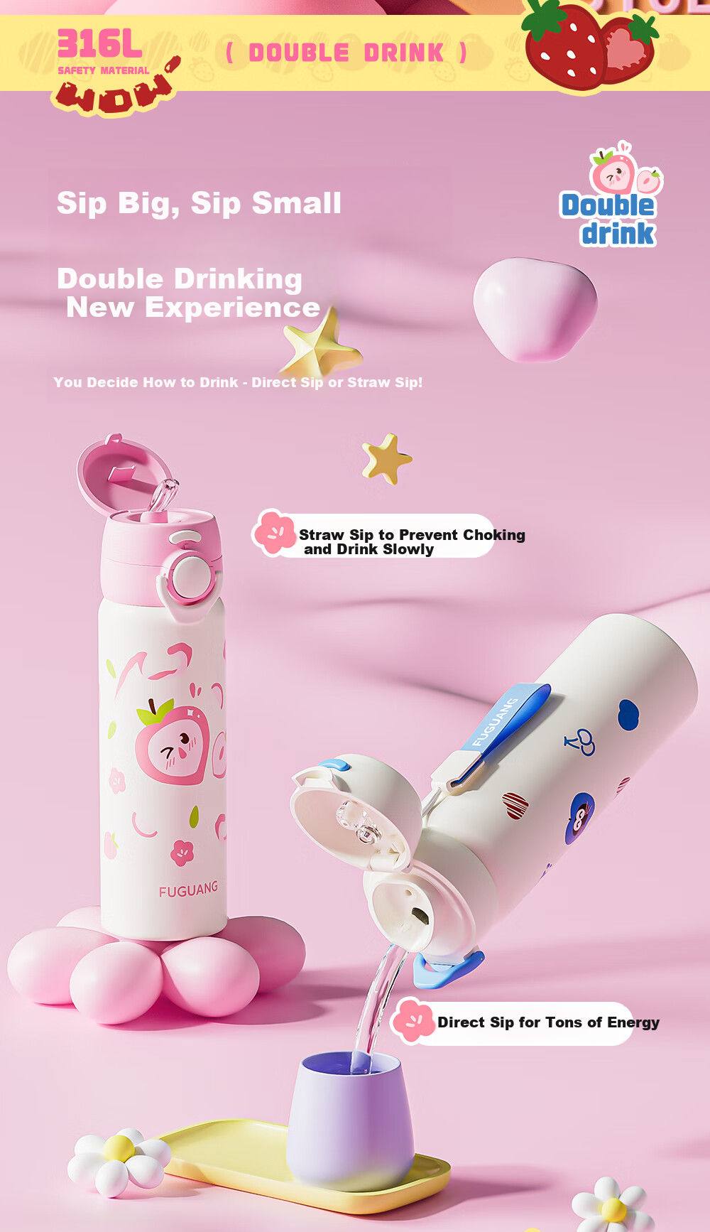 Fuguang Student Insulated Cup, 316L Stainless Steel Children's Water Bottle, Large Capacity Dual-Use School Cup, Long-Lasting Insulation with Pop-Up Lid 3