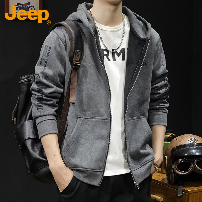 JEEP Men's Hoodie, Spring And Autumn Hooded Cardigan Jacket, Loose-Fitting Thickened Clothing for Men, Dark Gray, M