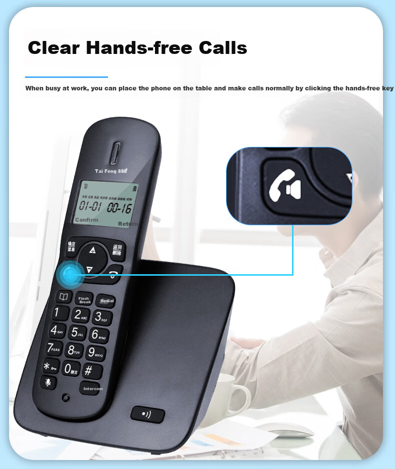 Taifeng888 Cordless Single-Line Telephone with Chinese Menu, Parent-Child System, Wireless Main Unit, Landline for Office And Home Use, Fixed-Line Telephone TF51, Ivory White 4