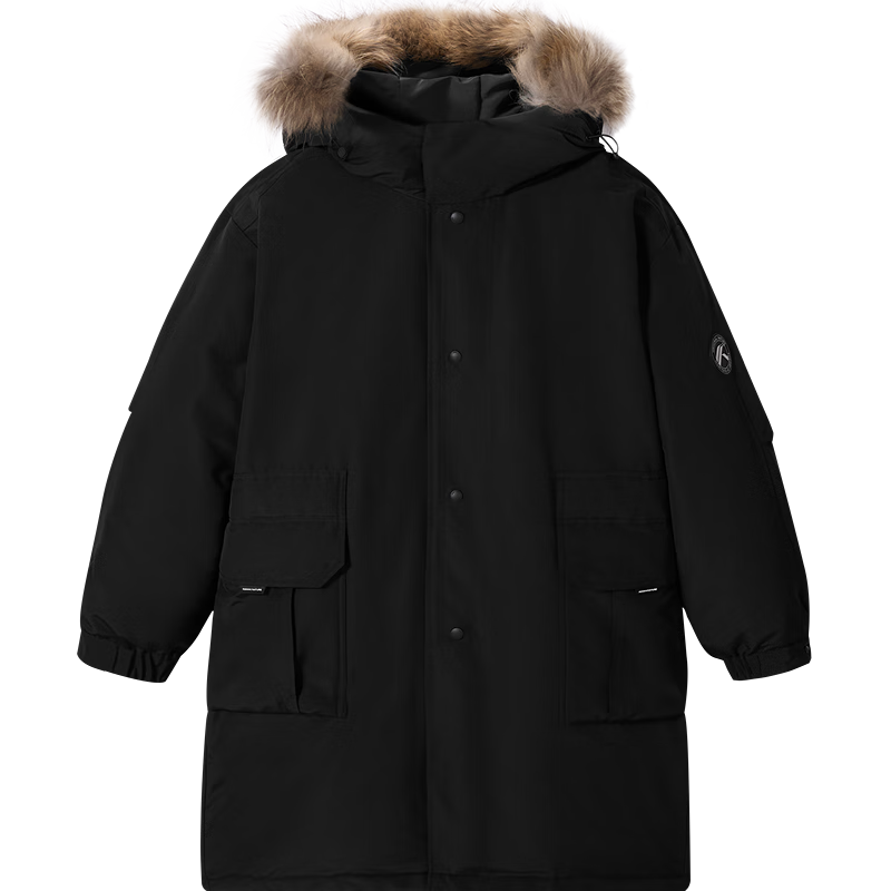 GXG Men's Hooded Long Down Jacket with Fur Collar, Mall Edition, Commuter Coat, Black, Size 170/M