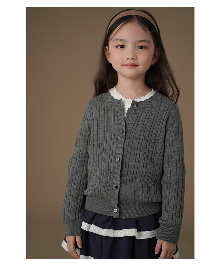 Hacikis Kids Spring and Autumn Knitted Cardigan Simple High-End Feel Skin-Friendly Girls' Mid to Big Kids Gray 160 2
