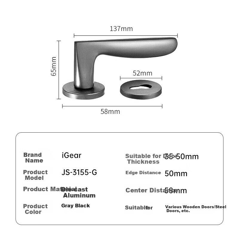 IGear Split Lock, Indoor Home Bedroom Door, Quiet Noise Reduction, Bathroom Toilet Solid Wood American-Style Door Handle, Gunmetal Gray