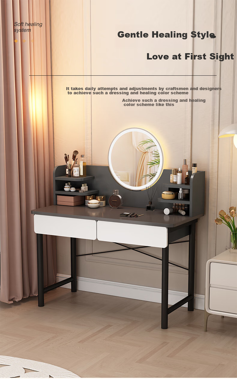 OLENOUFENG Dressing Table, Modern Minimalist Bedroom Vanity, Compact Luxury High-End Makeup Desk with LED Light And Dressing Mirror 1