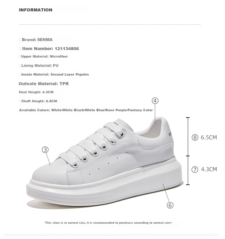 Senma Fashion Korean-Style Versatile Thick-Soled White Sneakers Breathable Comfortable Casual Shoes for Women 121134806 White Size 35 3