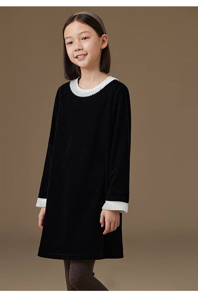 Hacikis Kids Autumn Winter French Hepburn Style Children's Lace Velvet Girls Long Sleeve Dress Thick Mousse Black 160 10