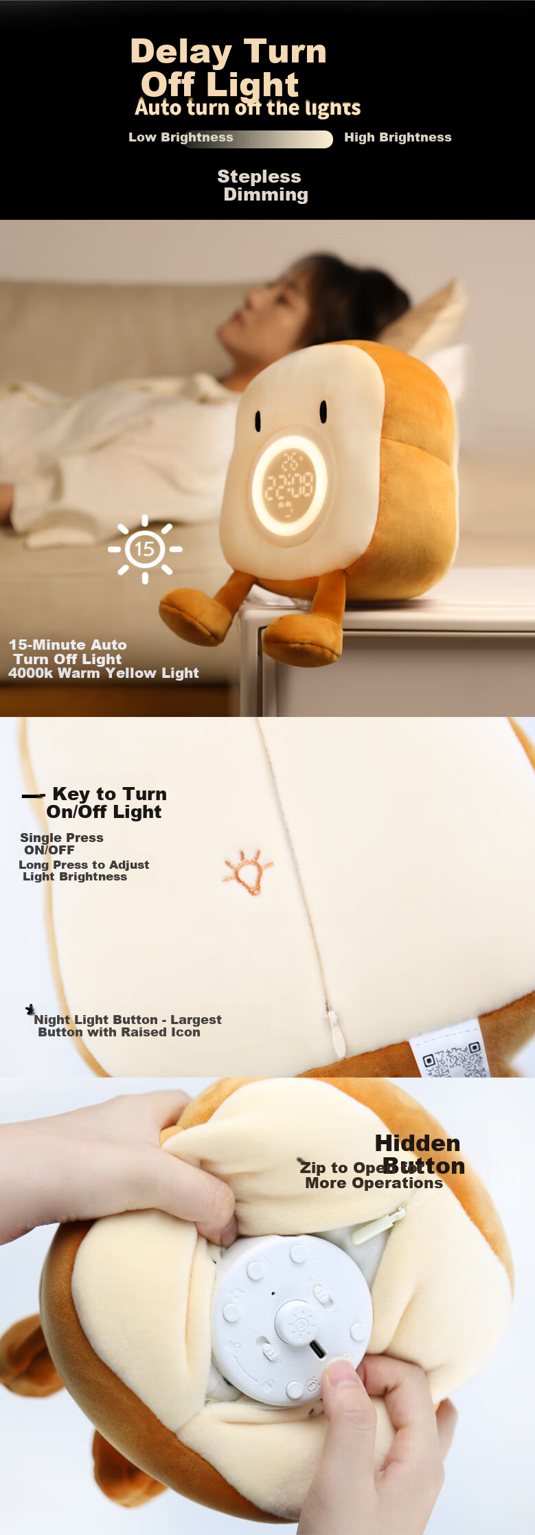 Momen Plush Alarm Clock, Toast Plush Alarm Clock with Night Light, Multifunctional Student Creative Electronic Clock, Gift for Boys And Girls, Back-To Season Present, Teacher's Day Gift 5