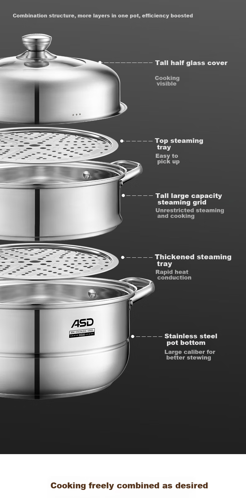 ASD Steamer Pot, 304 Stainless Steel, Three-Layer, for Home Use, Steaming And Cooking Soup Pot, Large Capacity 30CM Double-Layer Steamer, Compatible with Gas Stoves, G3 Model 14