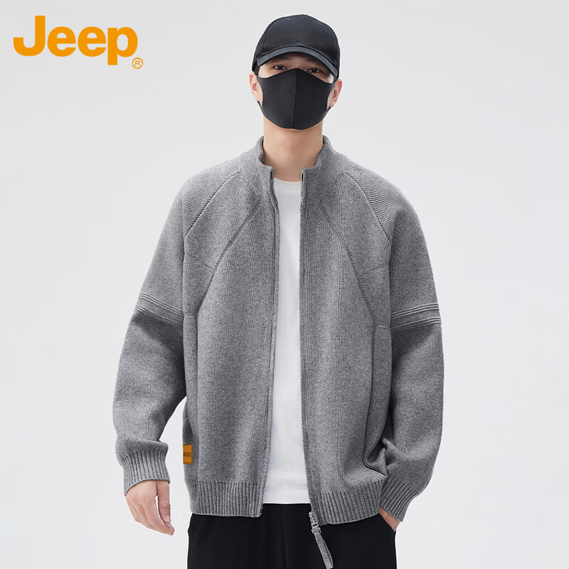 JEEP Men's Sweater Cardigan Autumn Winter Loose Warm Knitted Jacket Top Gray M