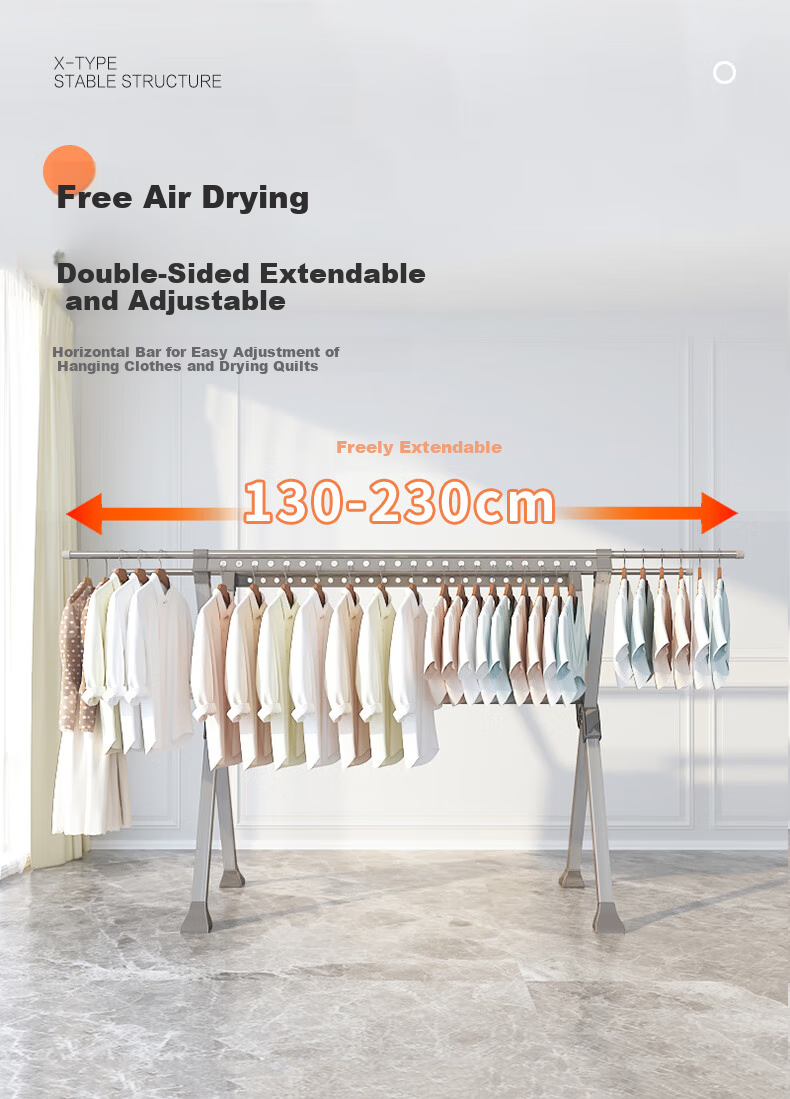 BIX Folding Clothes Drying Rack, Indoor Laundry Hanger, Balcony Quilt Drying Stand, Aluminum Alloy Gunmetal Gray, 1.3M Three-Rod 2