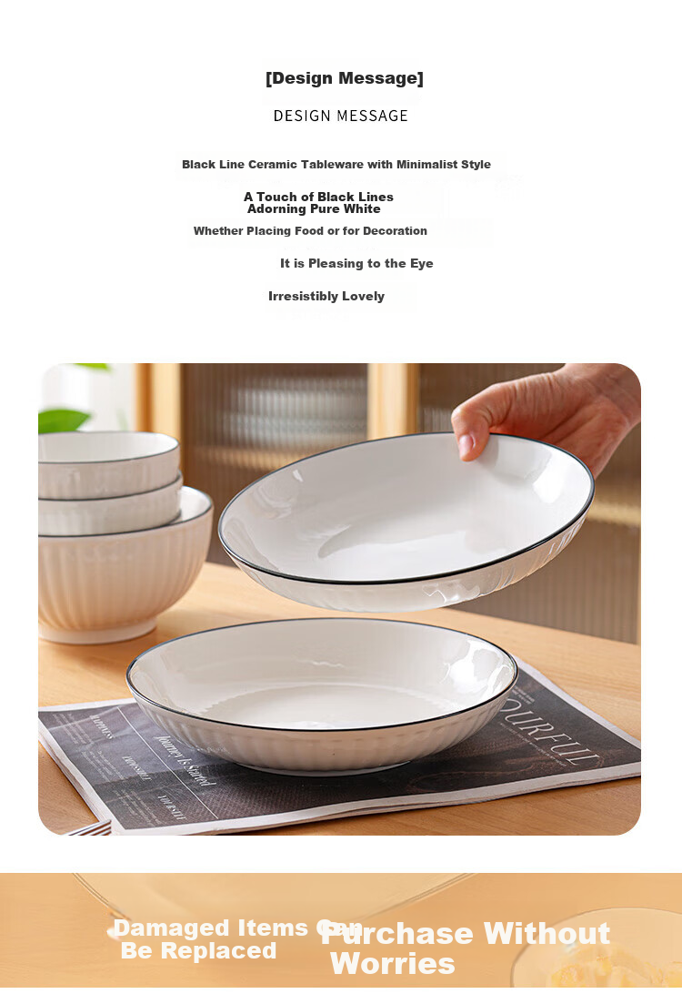 Chuanqi Tableware Set, Simple Pure White Underglaze Ceramic Bowls And Plates, 28 Pieces, Black Line Vertical Pattern, Suitable for 3-6 People 1