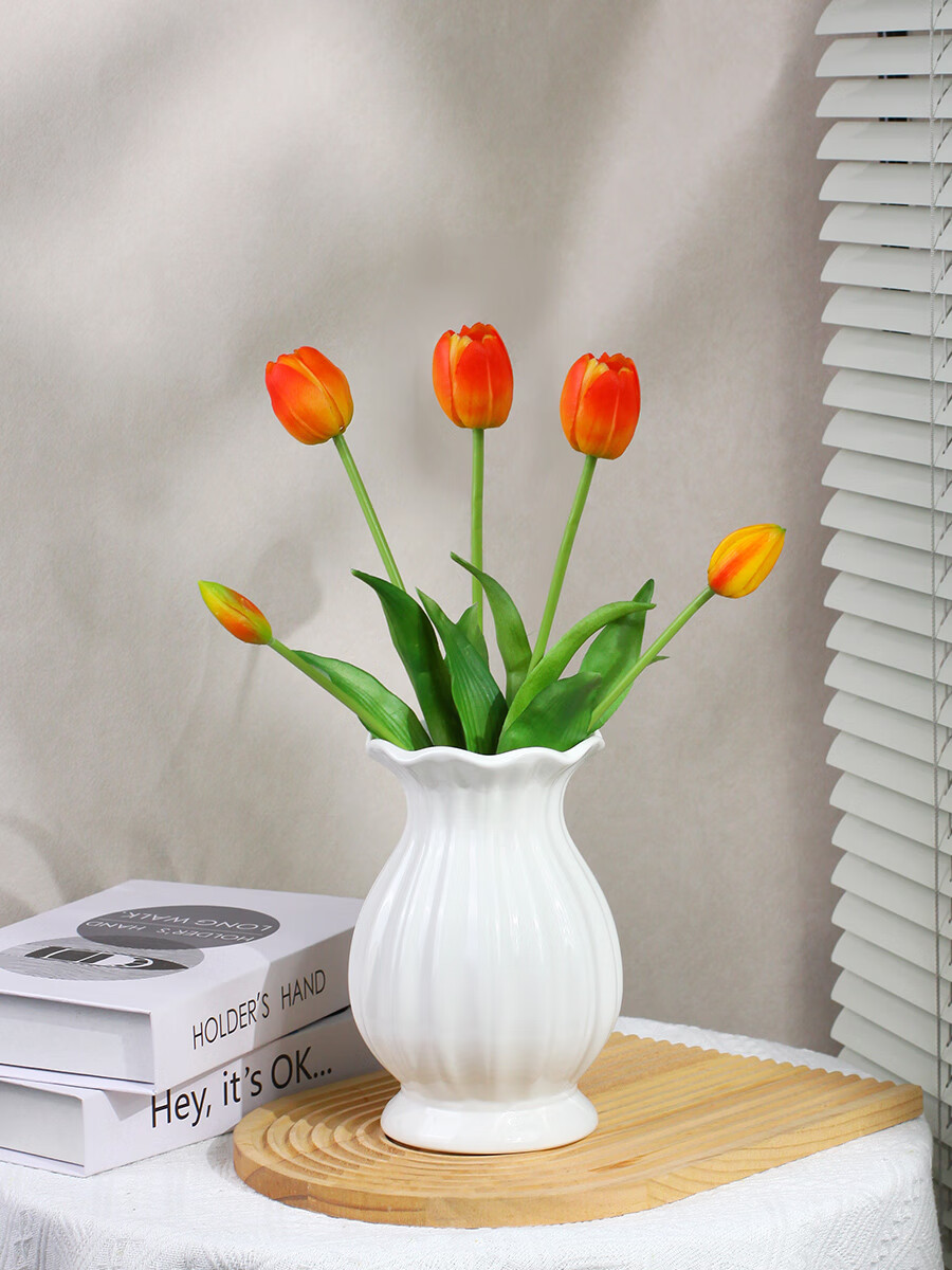 Qijuya Collection Artificial Tulip Luxury French Style Ins Living Room Decorative Photo Prop High-End Floral 5 Stems Orange 20407 2