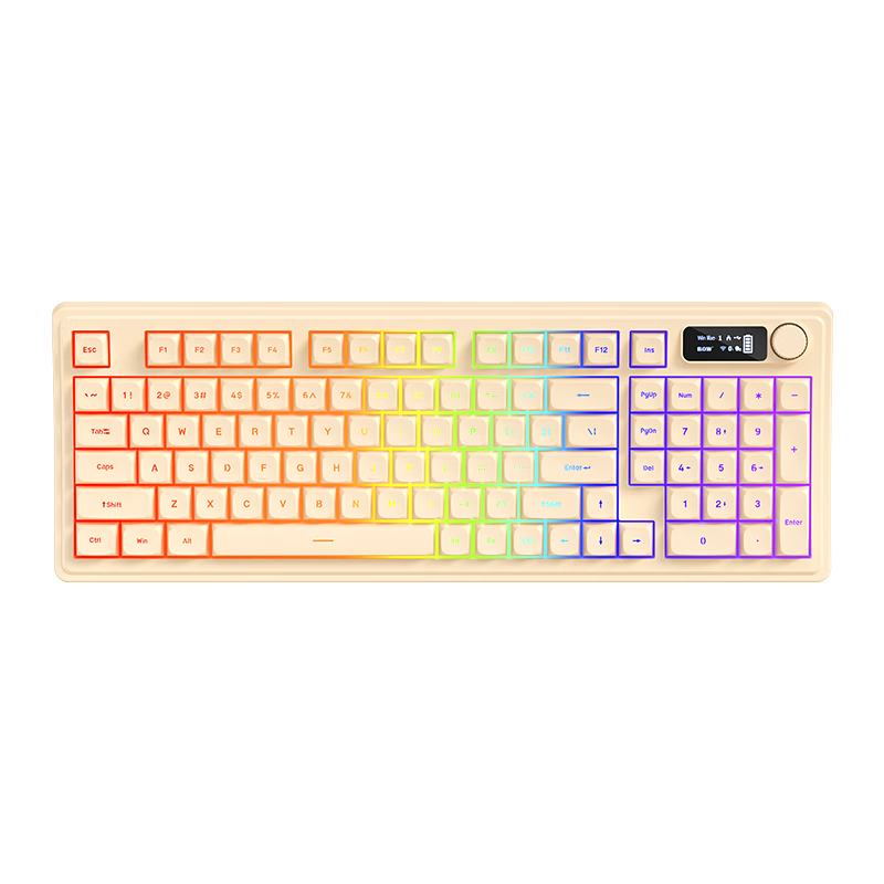 B.O.W Hangshi K820 Wired Bluetooth Wireless Tri-mode Keyboard RGB Backlit Ergonomic Rechargeable 96-Key Milk Tea Color for Tablet Desktop Office Gaming