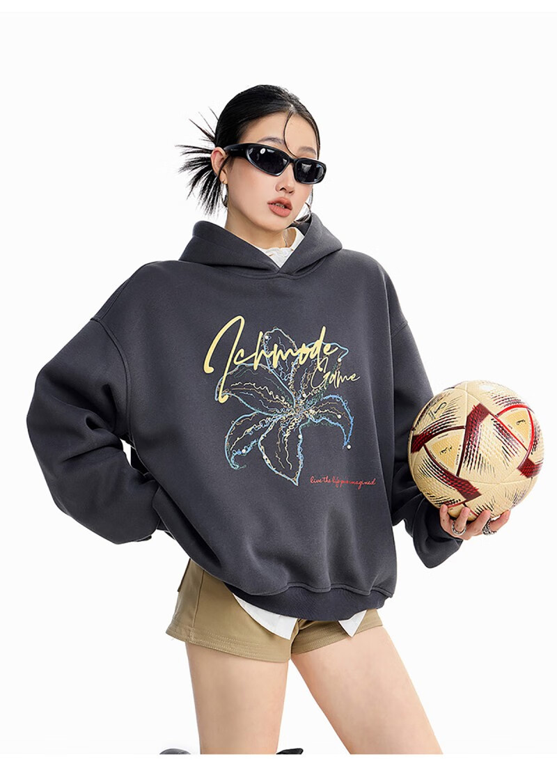 ICH MODE Women's American Style Hoodie Autumn Winter 2025 New Loose Pullover Jacket Top Dark Gray M 16