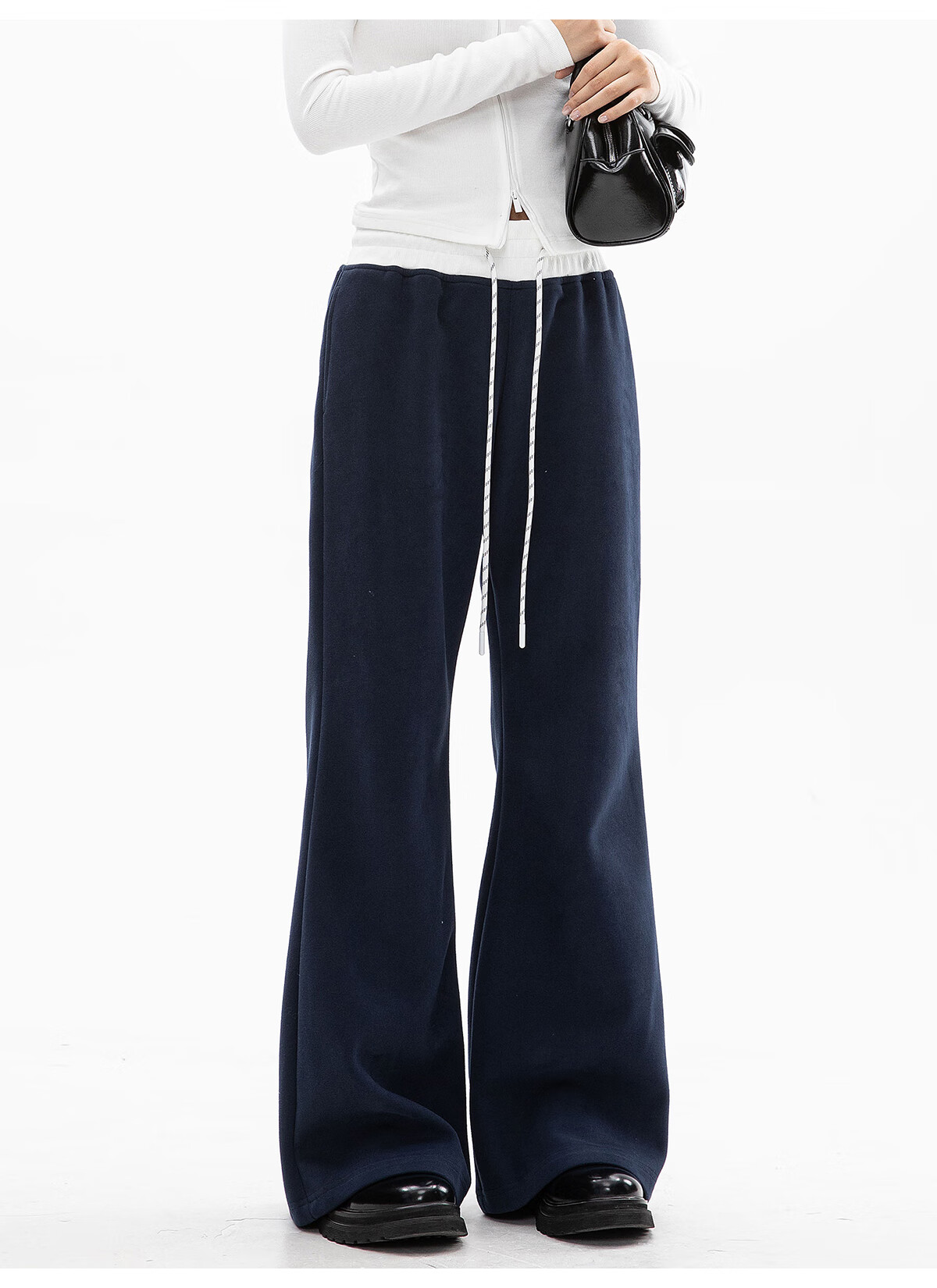 ICH MODE Women's American Style Flared Sports Pants Autumn Winter Straight Wide-Leg Casual Sweatpants BF Lazy Style Navy Blue S 11