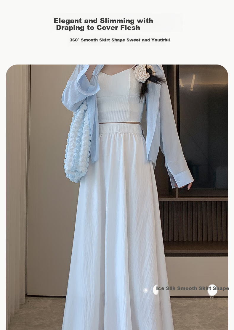 BOPRUIEY Women's Summer Skirt, 2026 Latest Style, Loose High-Waist Draping Ice Silk Yamamoto Skirt, Casual White A-Line Long Skirt 9