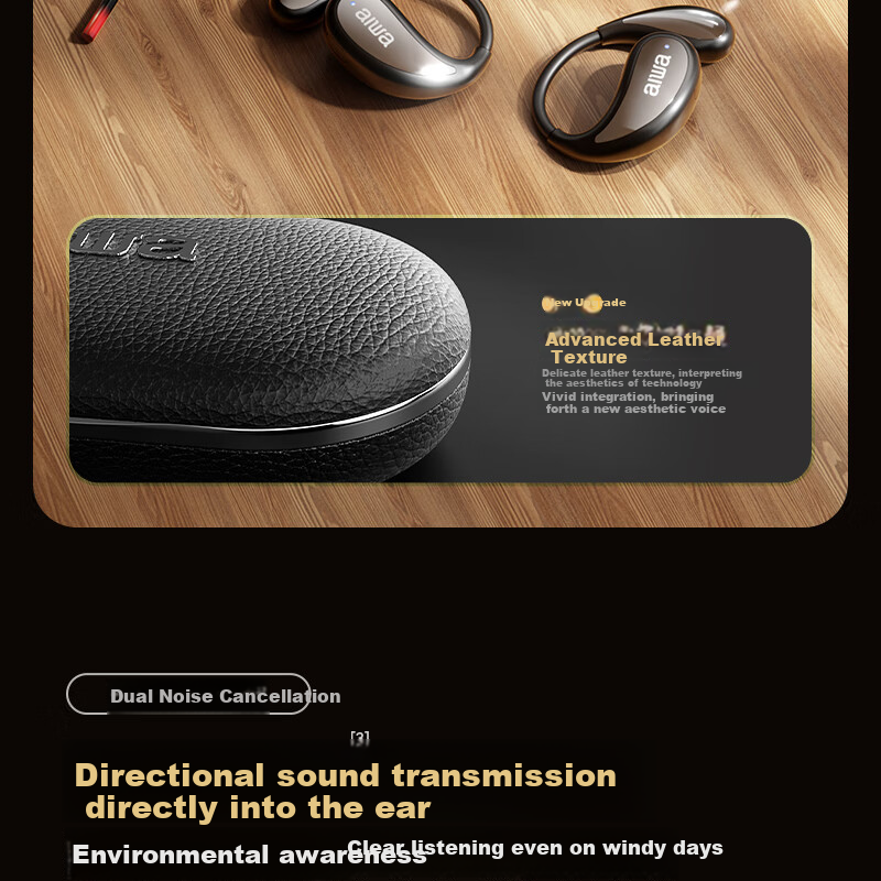 Aiwa AW35 Luxury Leather Texture Bluetooth Ear Hook Open-Ear Sports Running Long Battery Life Headset for Apple Huawei Phones White 11