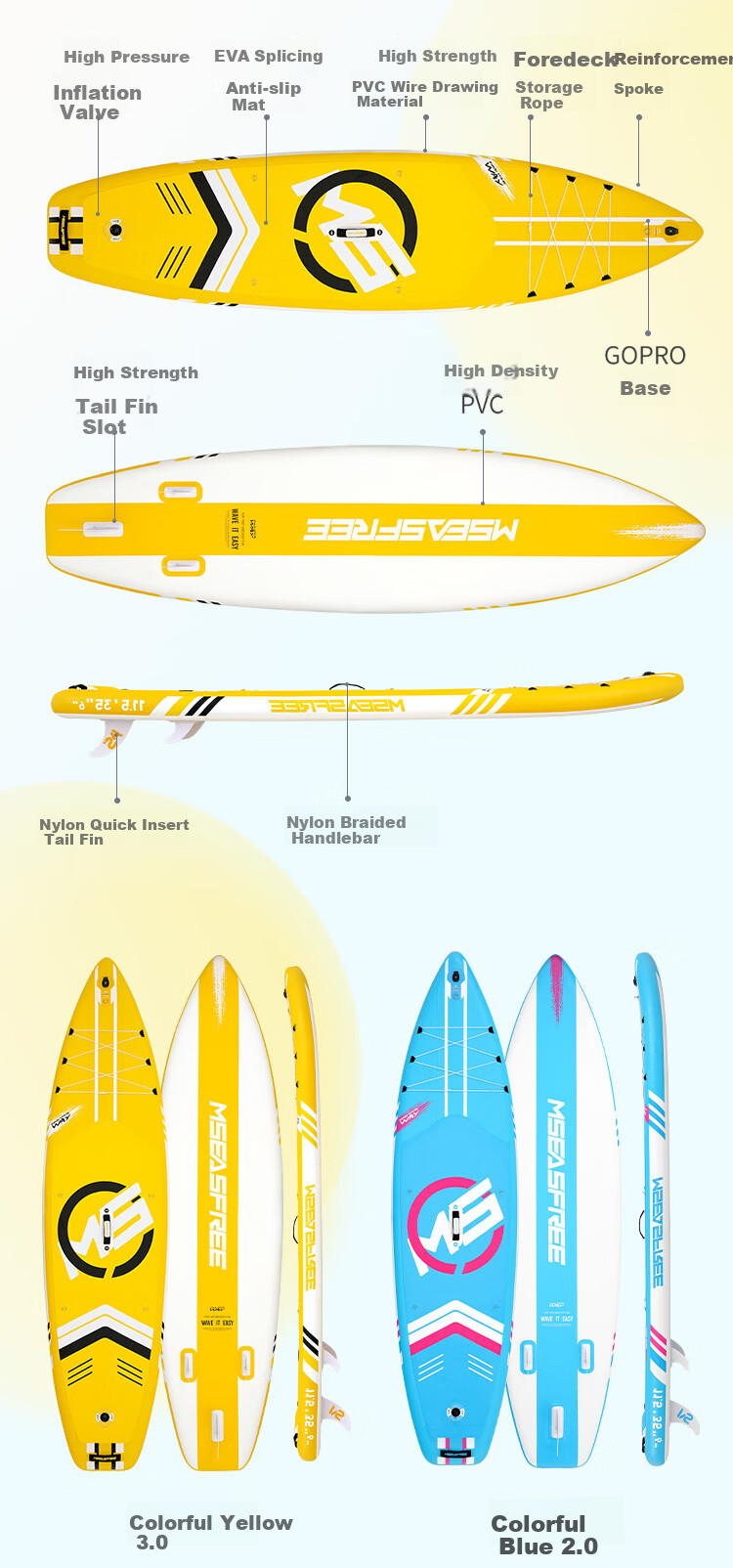 MSEASFREE Colorful Surf Paddleboard Fishing Yoga SUP Upgraded Colorful Yellow 8