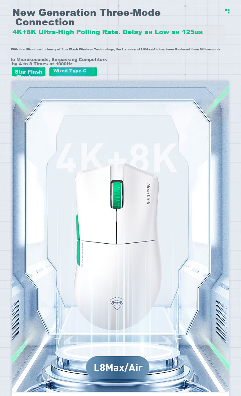 MACHENIKE L8 Max Star Flash Wireless Mouse, Lightweight Tri-Mode Bluetooth Wired C-Port Gaming Mouse for Medium to Large Hands, Ergonomic Office Right-Handed Mouse, Wireless Charging, White 6