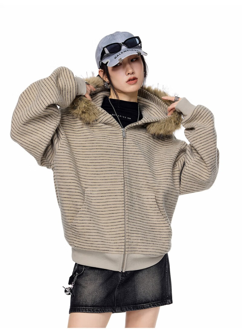 ICH MODE Women's American Style Hooded Striped Jacket with Fur Collar Autumn Winter New Zip-up Sweatshirt Cardigan Black M 29