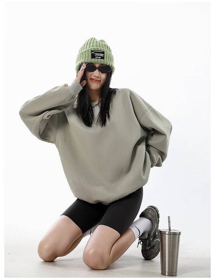 ICH MODE Women's American Style Crew Neck Solid Color Sweatshirt Spring Autumn New Loose Lazy Pullover Long Sleeve Top Black M 18