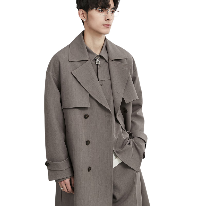 Earl Zuo Men's Mid-Length Suit Collar Trench Coat Double-Breasted Classic Design Casual Style