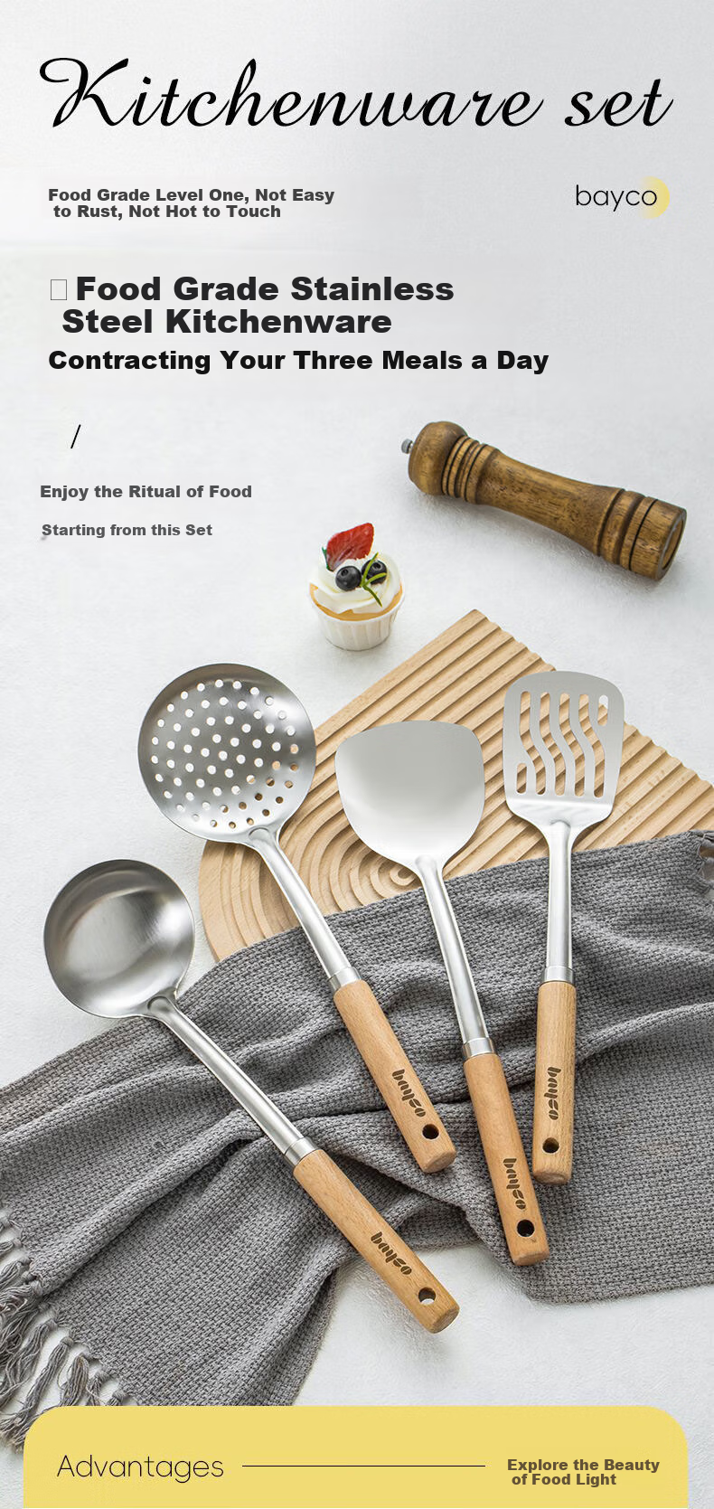 Bayco Kitchen Utensil Set of Three: Spatula, Soup Ladle, And Strainer Set, Stainless Steel Large-Sized Spoons with Long Handles, Strainer BC5569 1