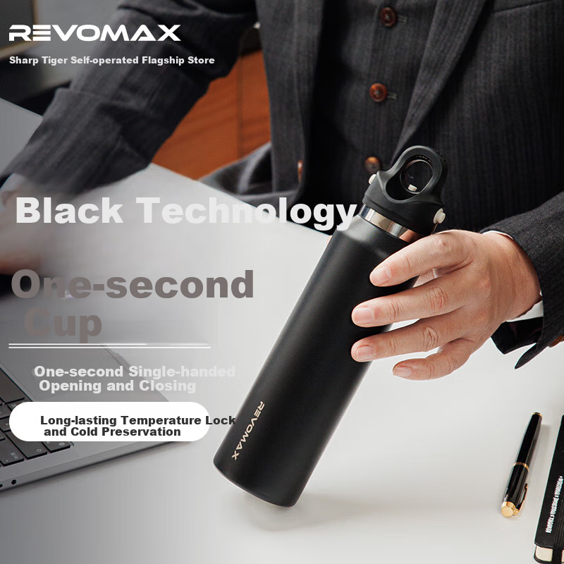 REVOMAX Insulated Cup, Keeps Hot And Cold for 36 Hours, Single-Handed Lid Opening, 316 Stainless Steel Water Bottle, 473ml - Starry Black