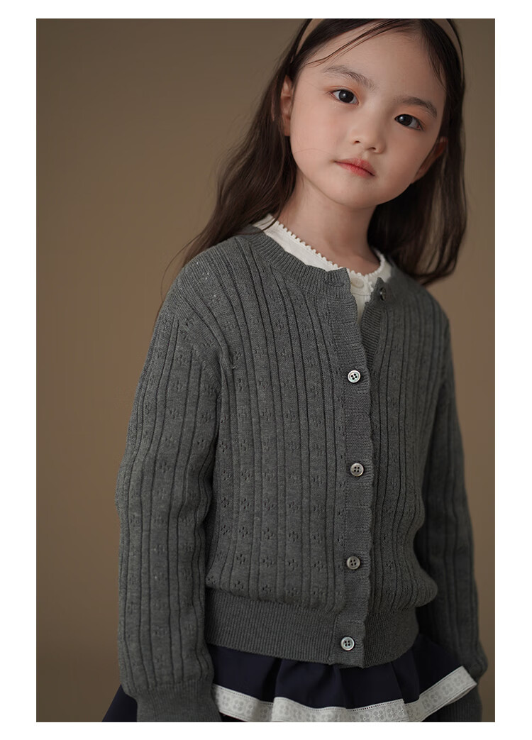 Hacikis Kids Spring and Autumn Knitted Cardigan Simple High-End Feel Skin-Friendly Girls' Mid to Big Kids Gray 160 4