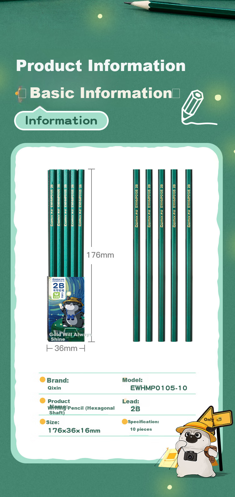 COMIX Wuhuangrensheng Is Wilderness 2B Pencils 10 Pieces, Classic Green Wooden Hexagonal Pencils, Student Exam Marking Cards Writing Art Wooden Pencils, EWHMP0105 1