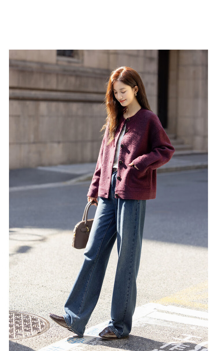 Demana [Texture Code] Winter Warm Wool Blend Crew Neck Boxy Large Pocket Thick Loose Women's Coat 2