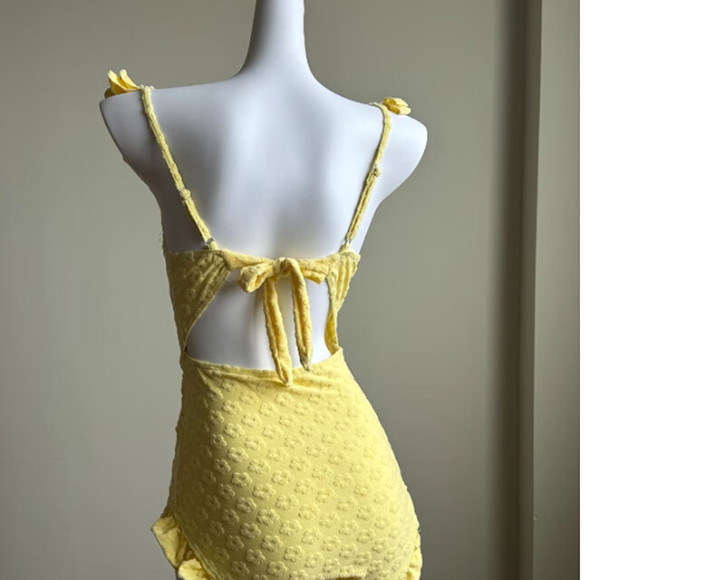 OMOM New One-Piece Premium Swimsuit for Women, Stunning Gathered Design, Small Bust, Tummy Control, Slimming, Vacation Hot Spring, Yellow, M 9