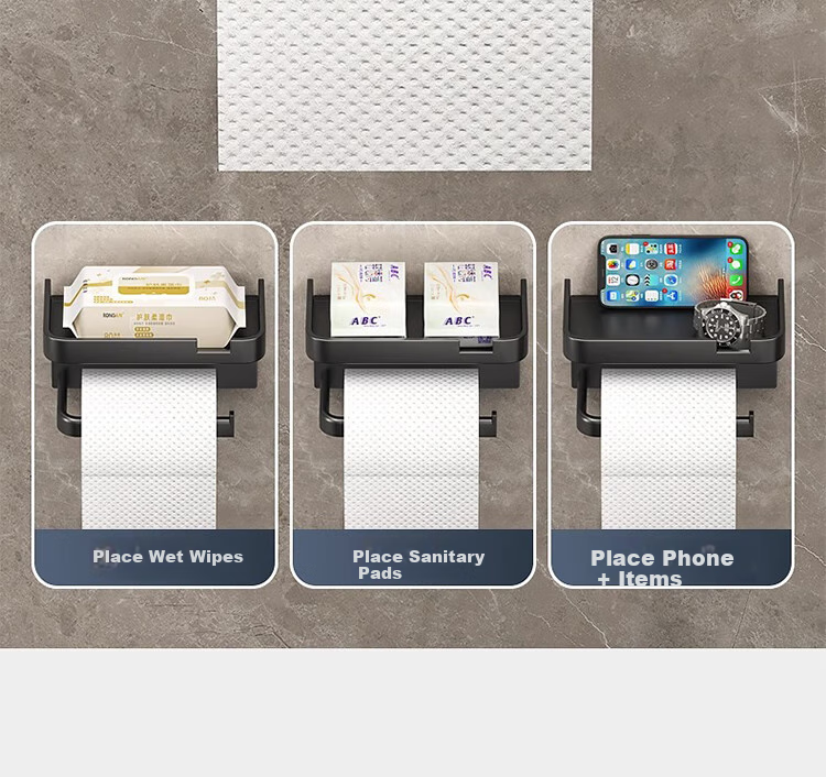 Xinpei Bathroom Tissue Holder, Space Aluminum, No Drilling Required, Double-Layer Paper Towel Dispenser, Toilet Roll Holder, Bathroom Storage Rack 14