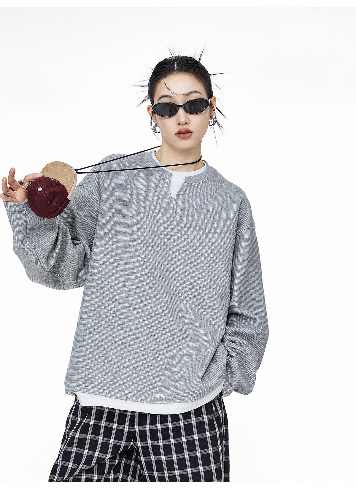 ICH MODE Women's Pullover Sweatshirt American Waffle Long Sleeve T-Shirt Autumn Winter Loose Casual Henley Neck Top Gray L 11