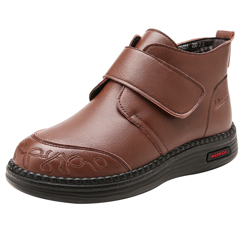 Warrior Mom Shoes Fleece Lined Middle-aged Winter Cotton Shoes Elderly Non-slip Warm Leather Women's Ankle Boots 1760 Brown Size 35