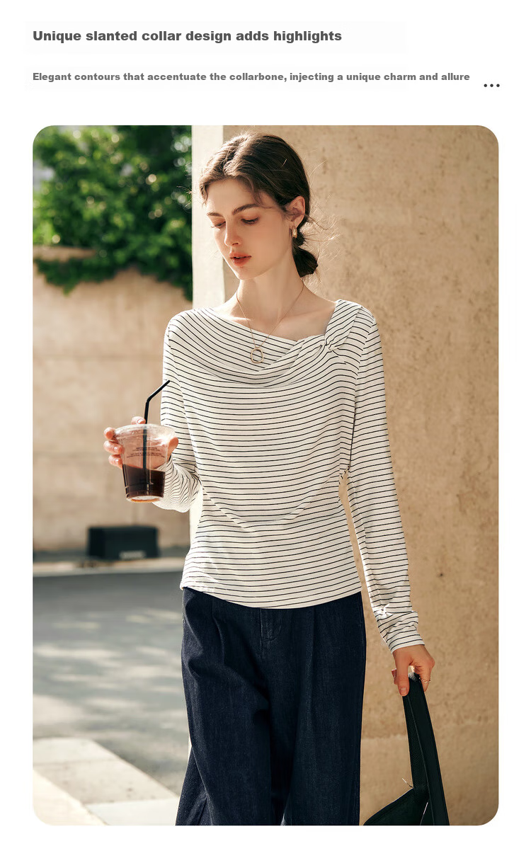 Oulain Black Baitiao Pattern T-Shirt Women's Autumn Irregular Commuter Design Long Sleeve, Black Baitiao Pattern, XL 6