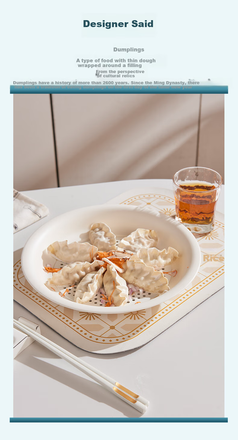 Xingfang Dumpling Plate, Double-Layer Draining Plate, Round Dumpling Plate with Vinegar Dish, Compartmented Snack Plate 3