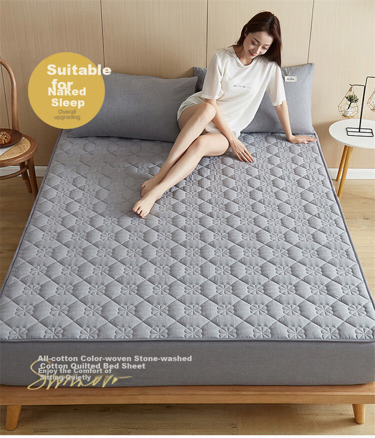 Wuyinliangpin Class A Pure Cotton Quilted Fitted Sheet, Single Piece Cotton Mattress Protector Cover, All-Inclusive Dustproof Cover, 150x200cm 4