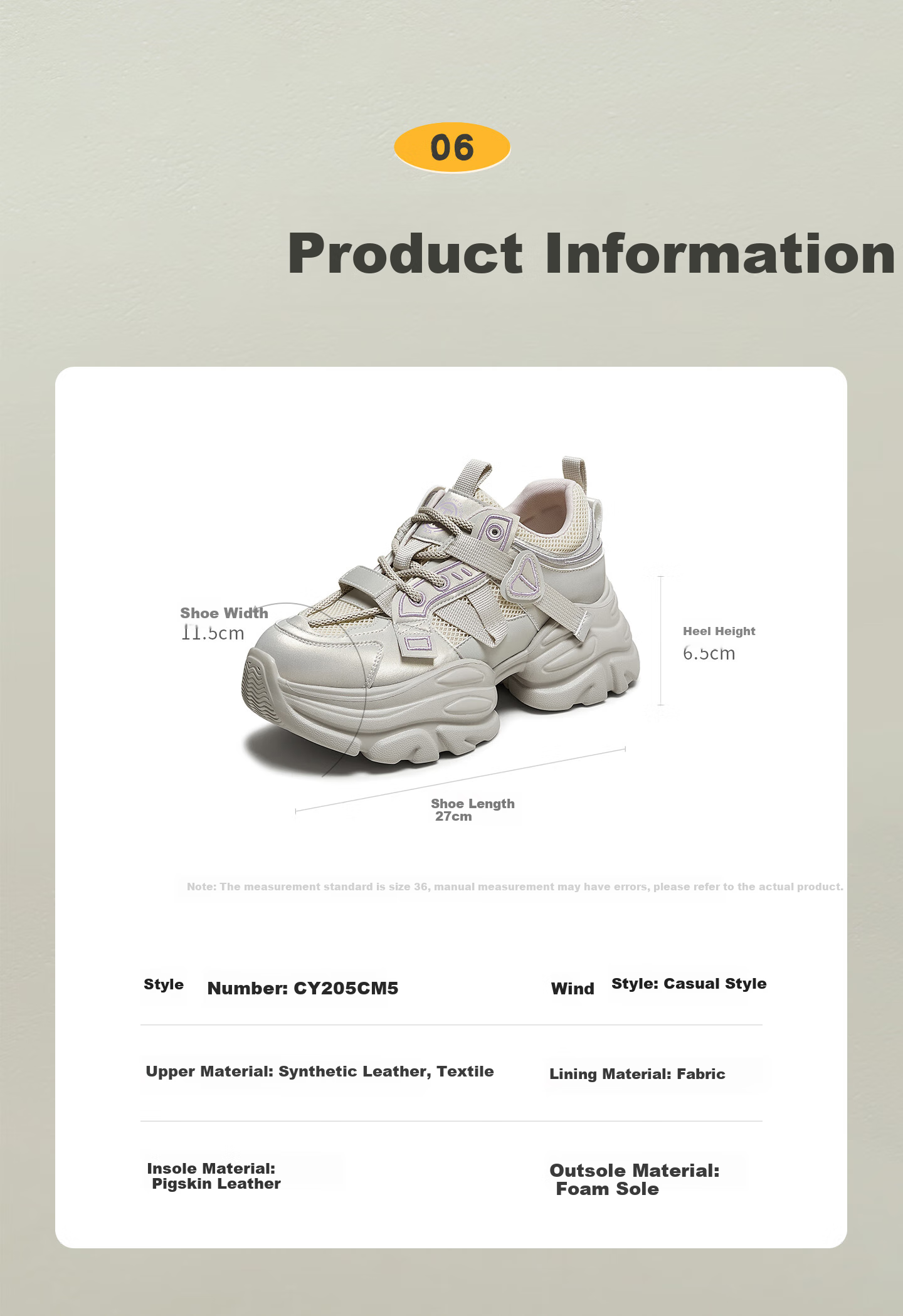 TATA Dad Shoes, Breathable Mesh Sports Shoes, Versatile Casual Height-Increasing Shoes, Beige, Size 36 14