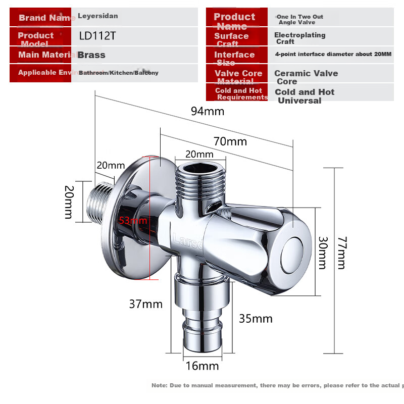 Larsd Dual-Purpose Angle Valve, One Inlet Two Outlets Three-Way Water Distributor, Brass Triangular Valve One-To Brass Body Angle Valve LD112T