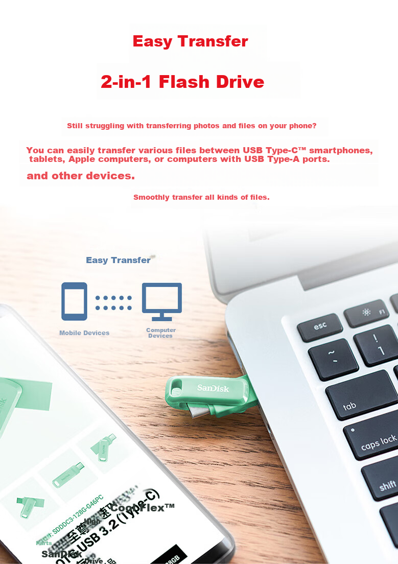 SanDisk, 1TB Type-C USB3.2, Mobile Flash Drive DDC3 Blue, Read Speed up to 400MB/s, Automatic Backup, Dual-Use for Phone And Computer, Large Capacity with Dual Interfaces 3
