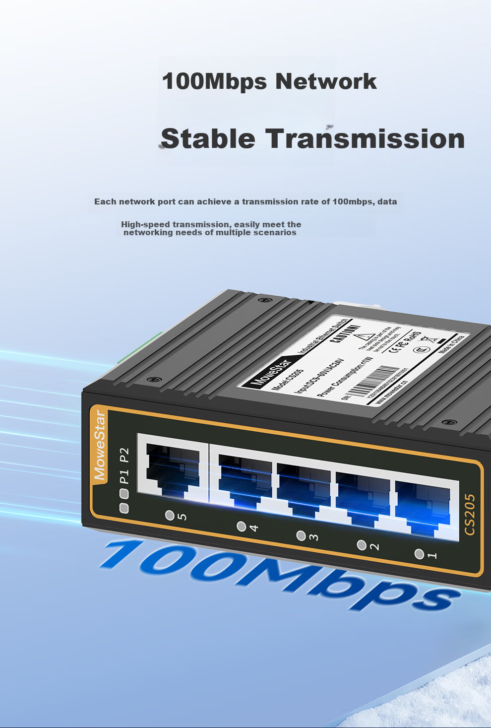 MoweStar Industrial-Grade Switch, 5-Port Layer 2 Unmanaged, 100Mbps Card Rail Compact Mini Switch, High And Low Temperature Resistant Industrial Ethernet Switch CS205 2