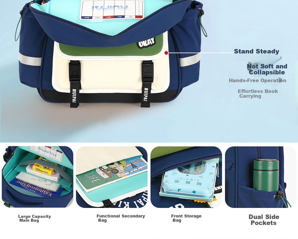 RUiPAi Backpack for Primary School Students, Boys And Girls, Lightweight, Spine-Protecting, Detachable, for Grades 1-3 Antibacterial And Water-Resistant 15